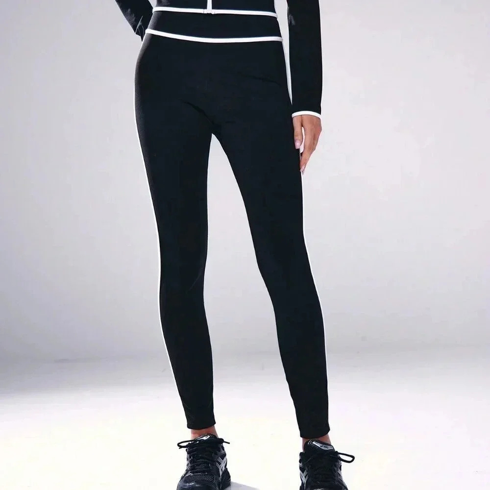 Black And White Women's Contrast Piping High Waist Leggings - Picture 2 of 5